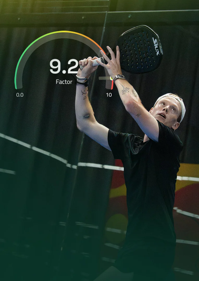 Player mid-smash with PadelPlay Factor score displayed