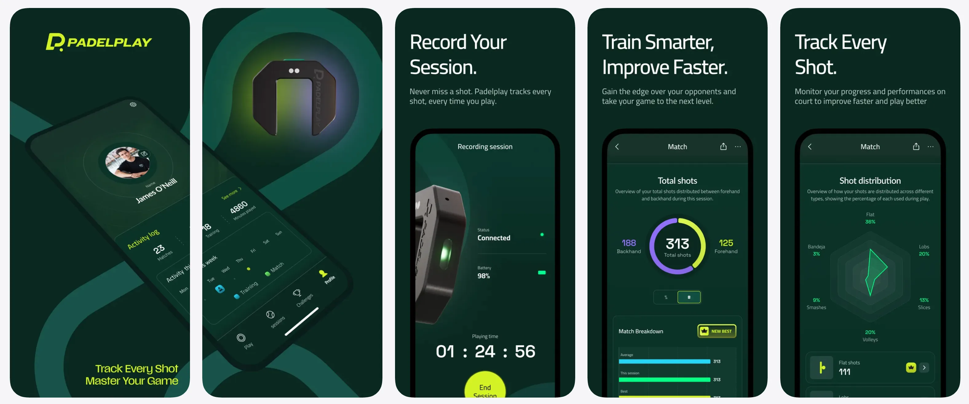 PadelPlay app store screenshots, profile, activity, recording session, match stats, shot distribution