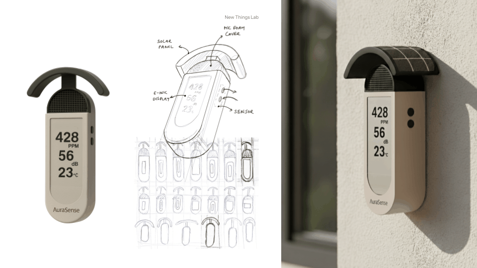 MedeMeter concept design, 3D render, sketches, and mounted device