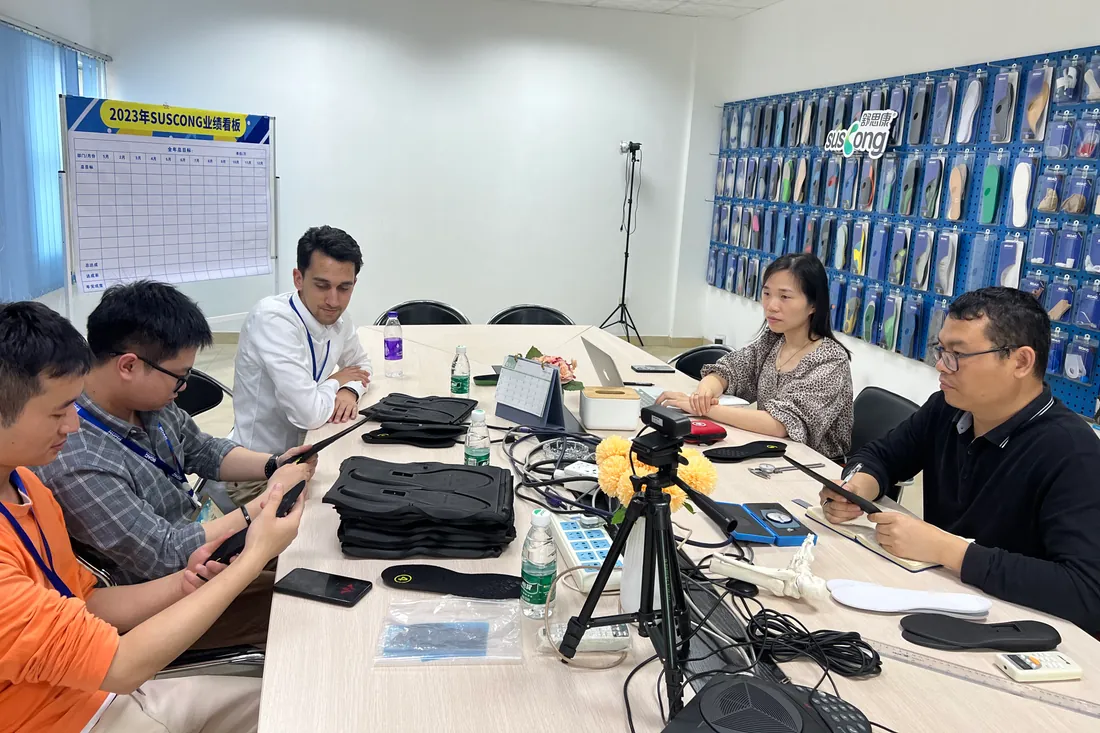 Reviewing insole samples with the ODM team