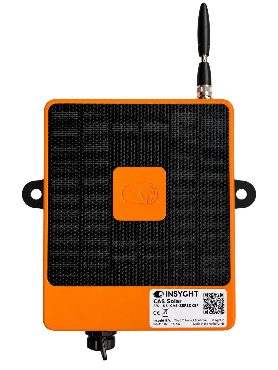 CAS Solar with an orange enclosure, integrated solar panel, antenna and mounting points